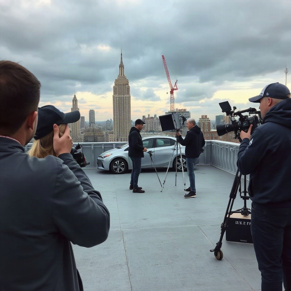 Small production crew filming a rooftop scene